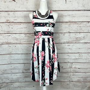 Womens stretchy black and white stripe with floral dress small with pockets